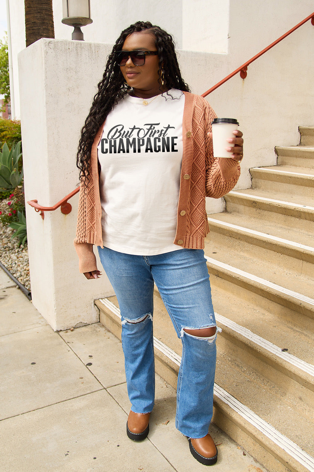 Simply Love Full Size BUT FIRST CHAMPAGNE Round Neck T-Shirt-Jewearrings