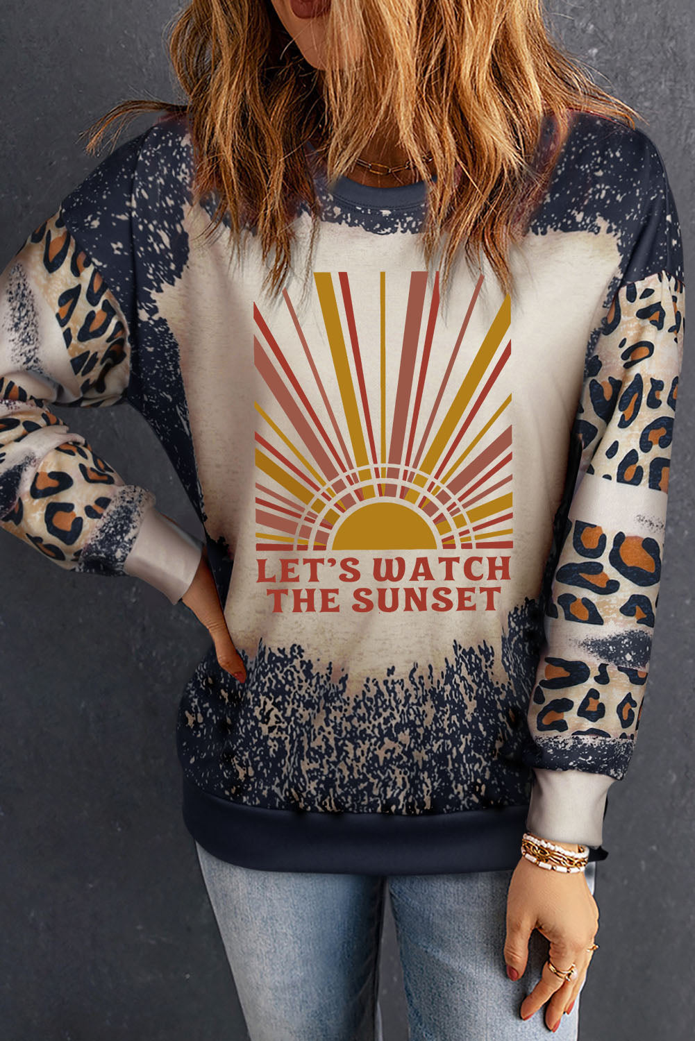 LET'S WATCH THE SUNSET Leopard Round Neck Sweatshirt-Jewearrings