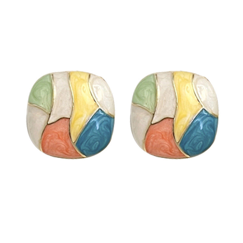 Silver Needle Cool Contrast Color Oil Painting Style Stud Earrings Retro-Jewearrings