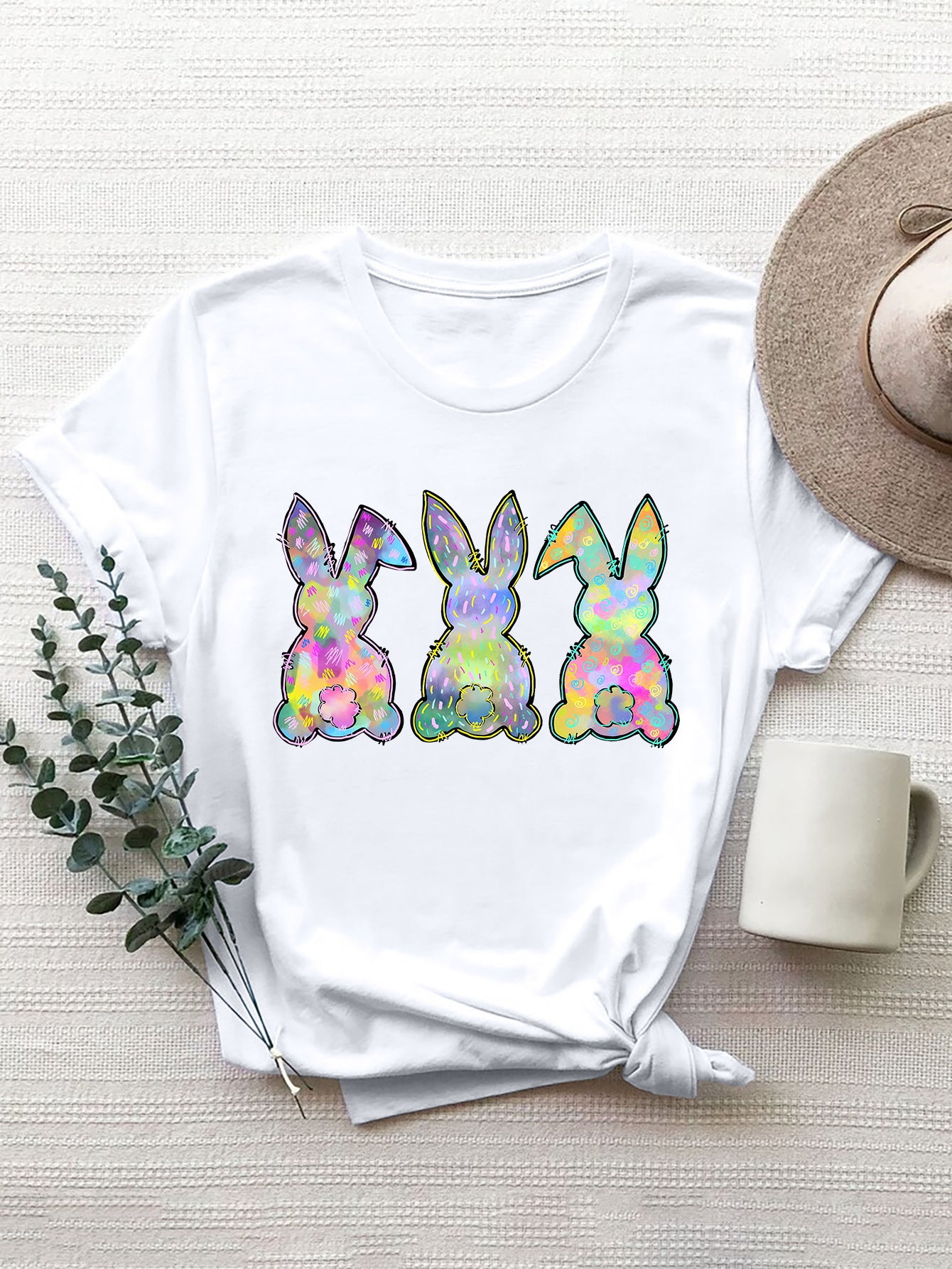 Rabbit Round Neck Short Sleeve T-Shirt-Jewearrings