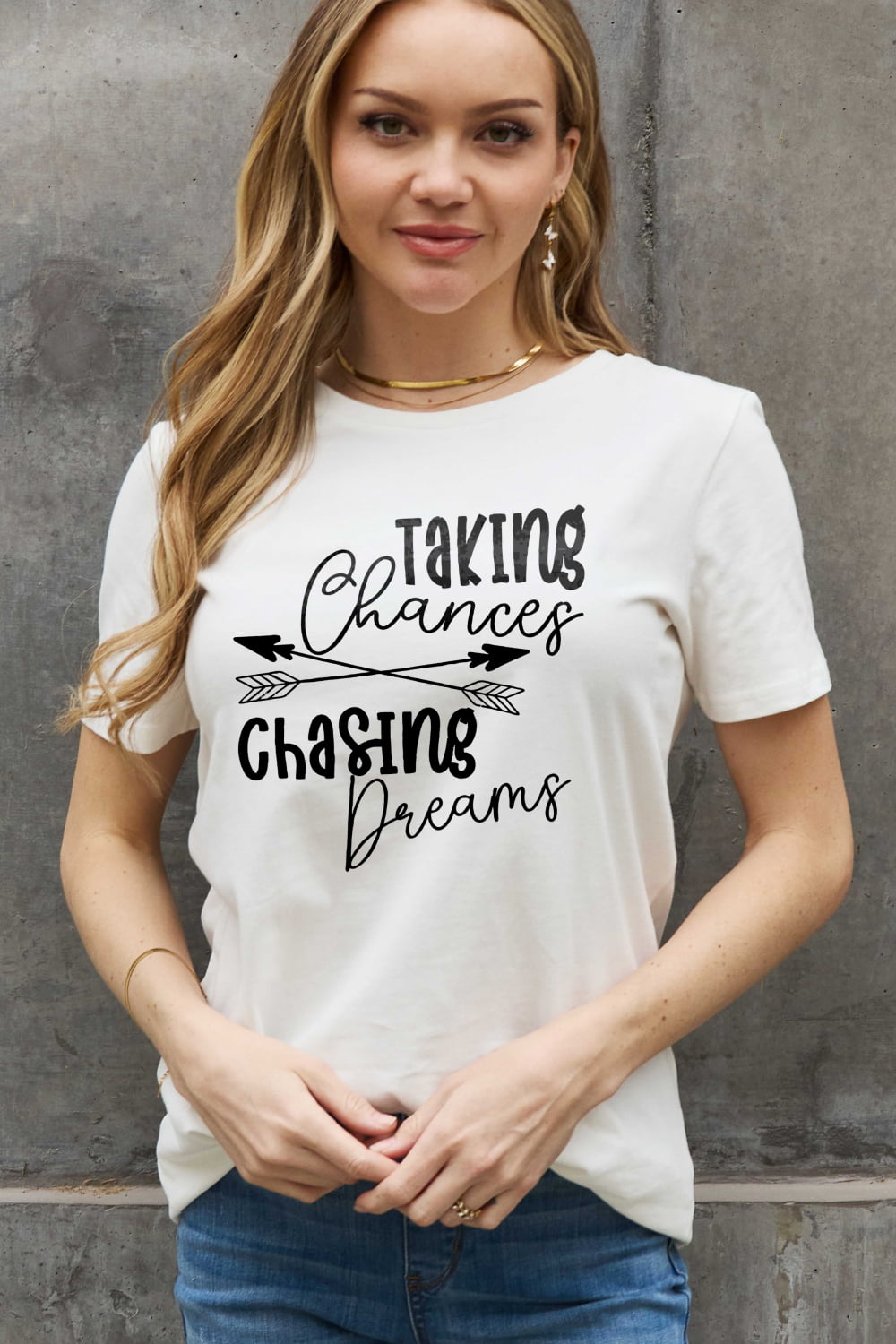 Simply Love Full Size TAKING CHANCES CHASING DREAMS Graphic Cotton Tee-Jewearrings