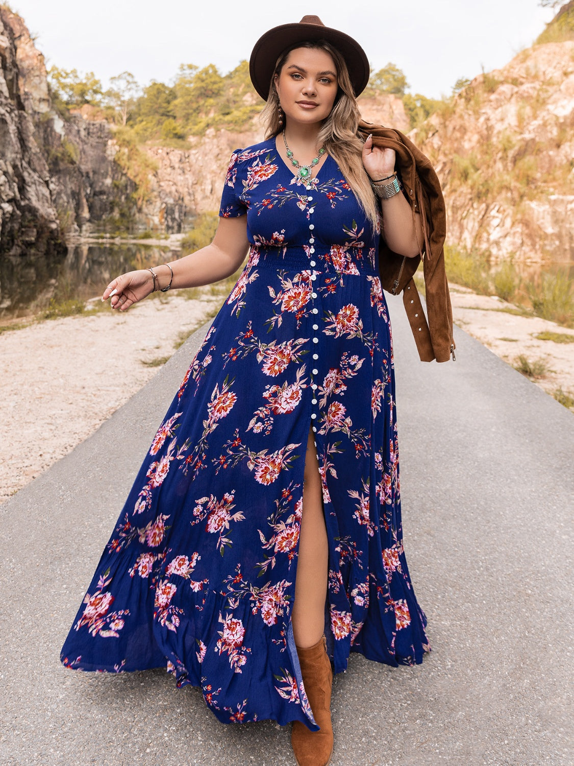 Plus Size V-Neck Maxi Dress-Jewearrings