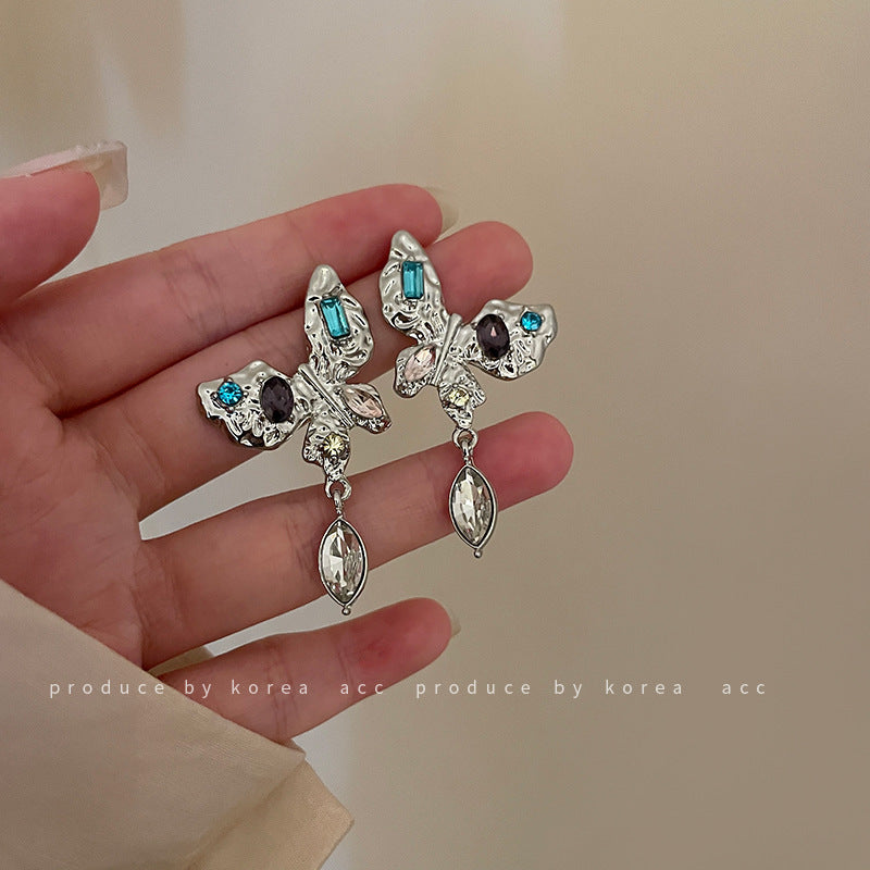 Silver Needle Crystal Butterfly Earrings Korean Design Small And Exquisite-Jewearrings