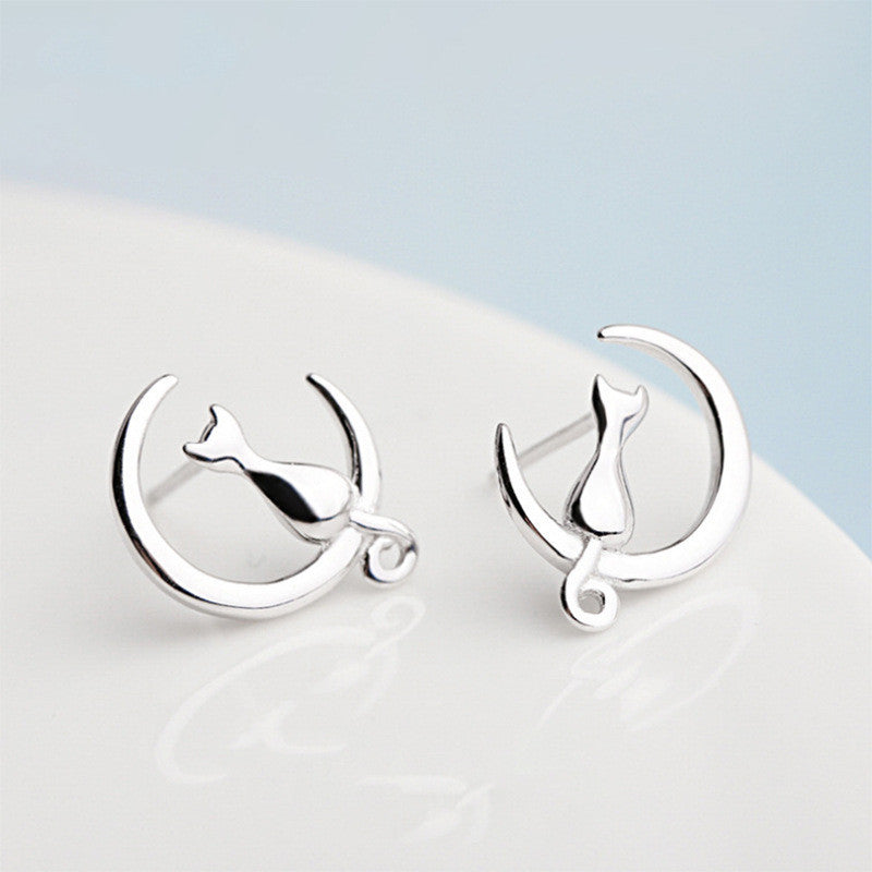 Moon Cat Sterling Silver Earrings Female-Jewearrings