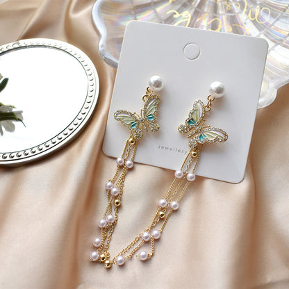 S925 Silver Needle Super Fairy Pearl Tassel Earrings Pearl Butterfly-Jewearrings