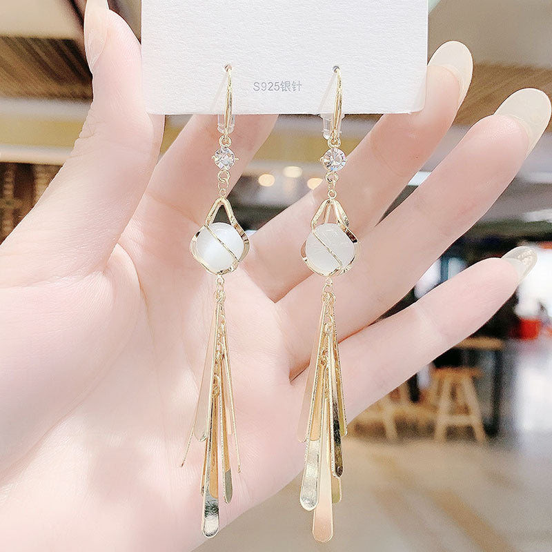 Opal Long Metal Sequin Tassel Drop Earrings-Jewearrings