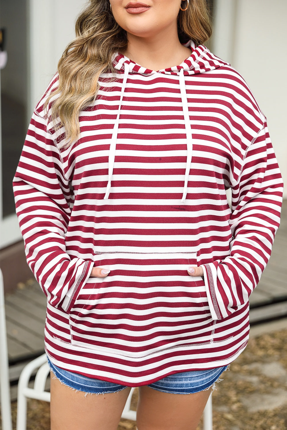 Plus Size Drawstring Striped Dropped Shoulder Hoodie-Jewearrings