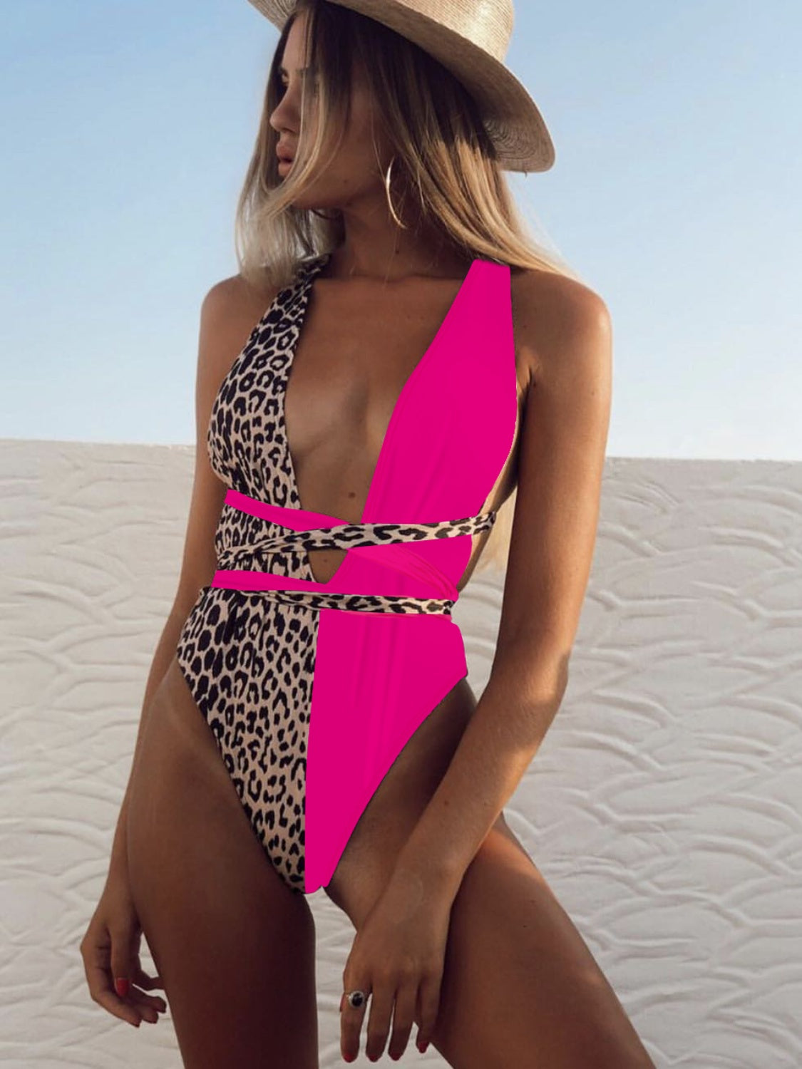 Tied Leopard Plunge One-Piece Swimwear-Jewearrings