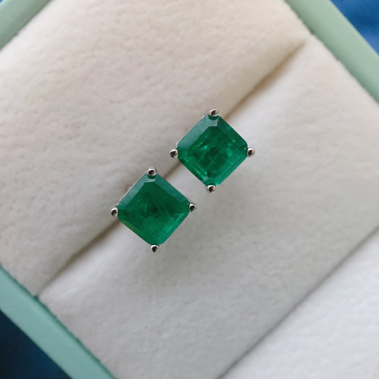 Silver Vintage Emerald Paraiba 7x7 Earrings Square Earrings-Jewearrings