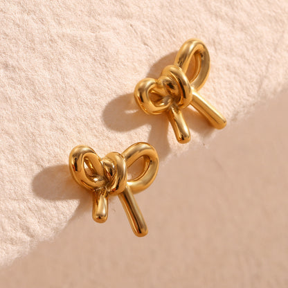 Stainless Steel 18K Gold Plating Cast Glossy Bow Stud Earrings-Jewearrings