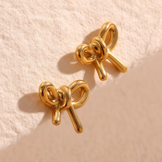 Stainless Steel 18K Gold Plating Cast Glossy Bow Stud Earrings-Jewearrings