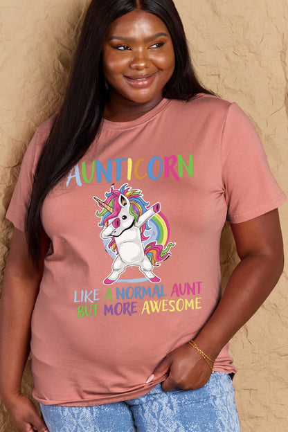 Simply Love Full Size AUNTICORN LIKE A NORMAL AUNT BUT MORE AWESOME Graphic Cotton Tee-Jewearrings