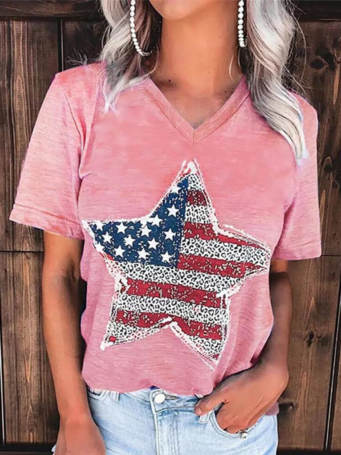 US Flag Graphic V-Neck Short Sleeve T-Shirt-Jewearrings