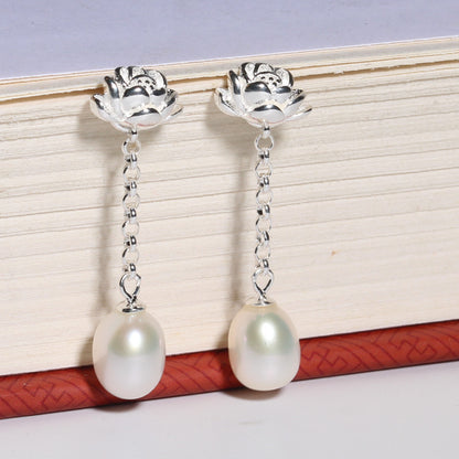 Lotus Natural Freshwater Real Pearl Earrings Long Earrings-Jewearrings