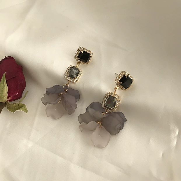 925 Silver Needle Crystal Stud Black Rose Petals Eardrops Frosty Style Earrings-Jewearrings