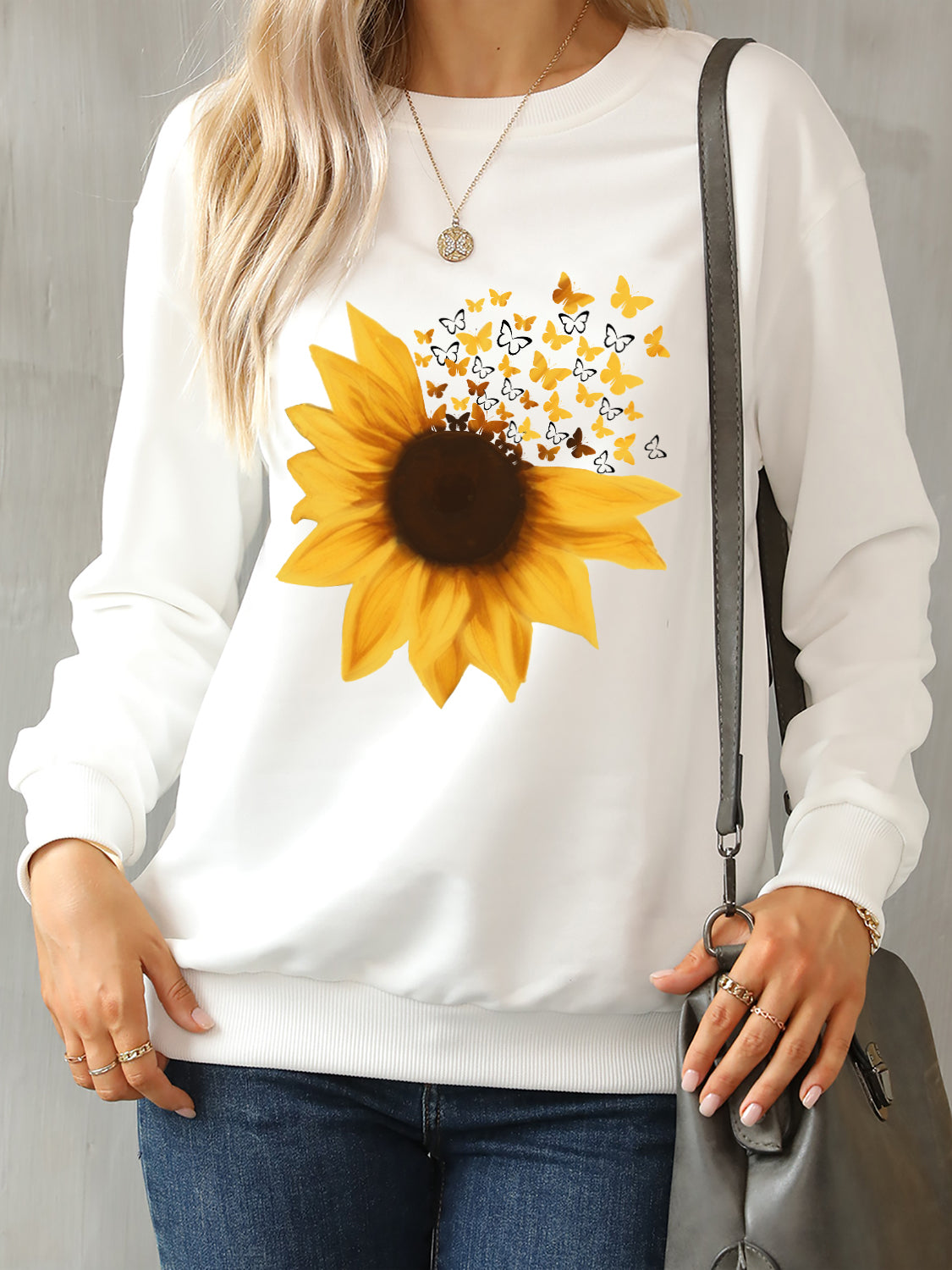 Sunflower Round Neck Dropped Shoulder Sweatshirt-Jewearrings