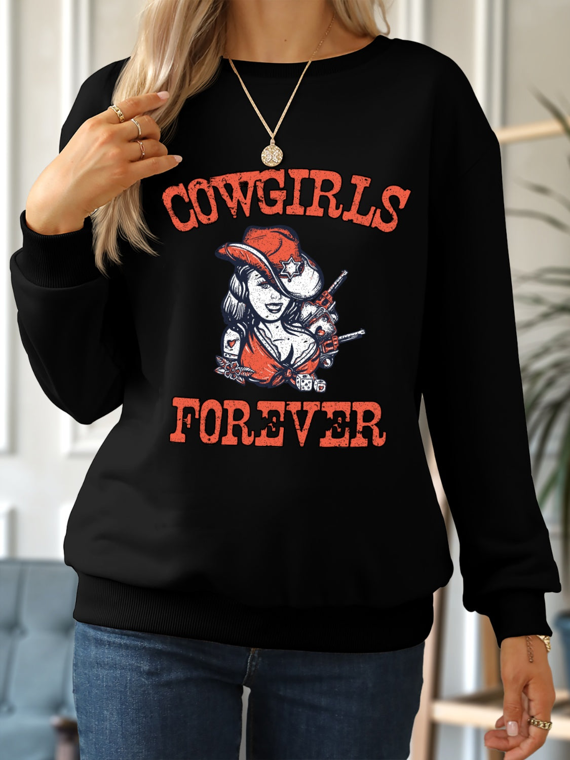 COWGIRLS FOREVER Round Neck Sweatshirt-Jewearrings