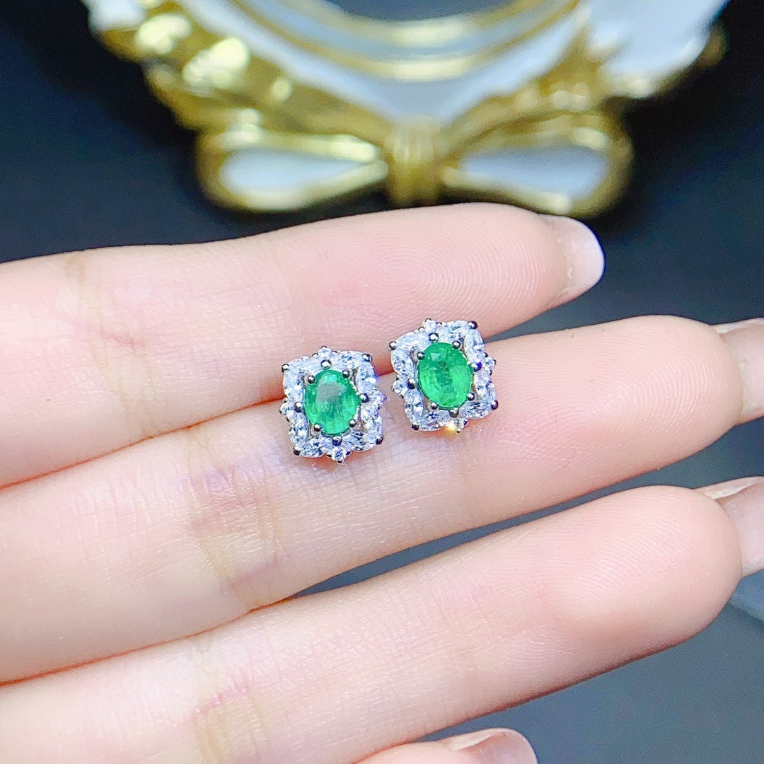 S925 Silver Inlaid Natural Emerald Earrings-Jewearrings