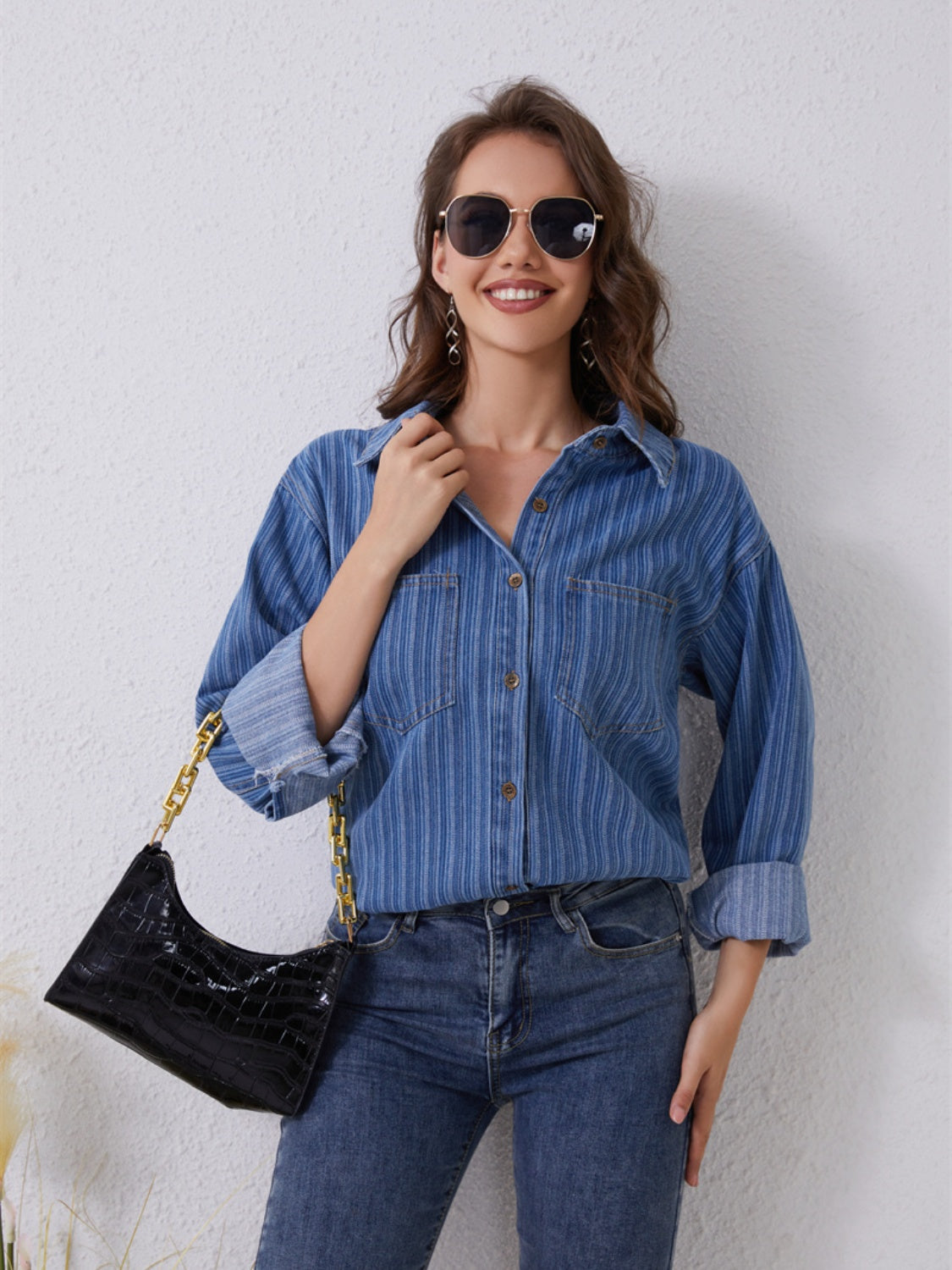 Pocketed Striped Button Up Denim Shirt-Jewearrings