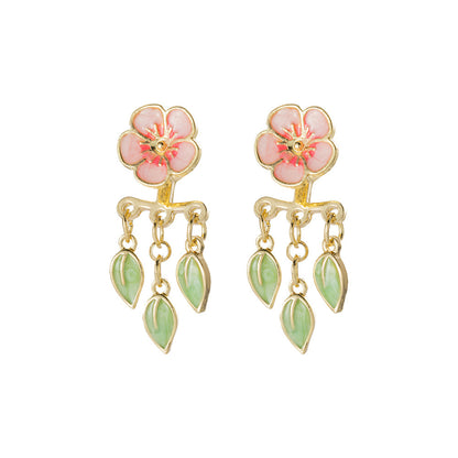 Special-interest Design Drop Oil Peach Blossom Leaf-shapepd Stud Earrings-Jewearrings