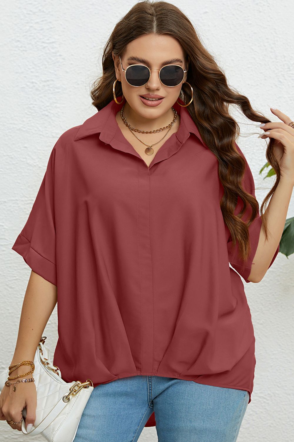 Plus Size Collared Half Sleeve Hem Detail Top-Jewearrings