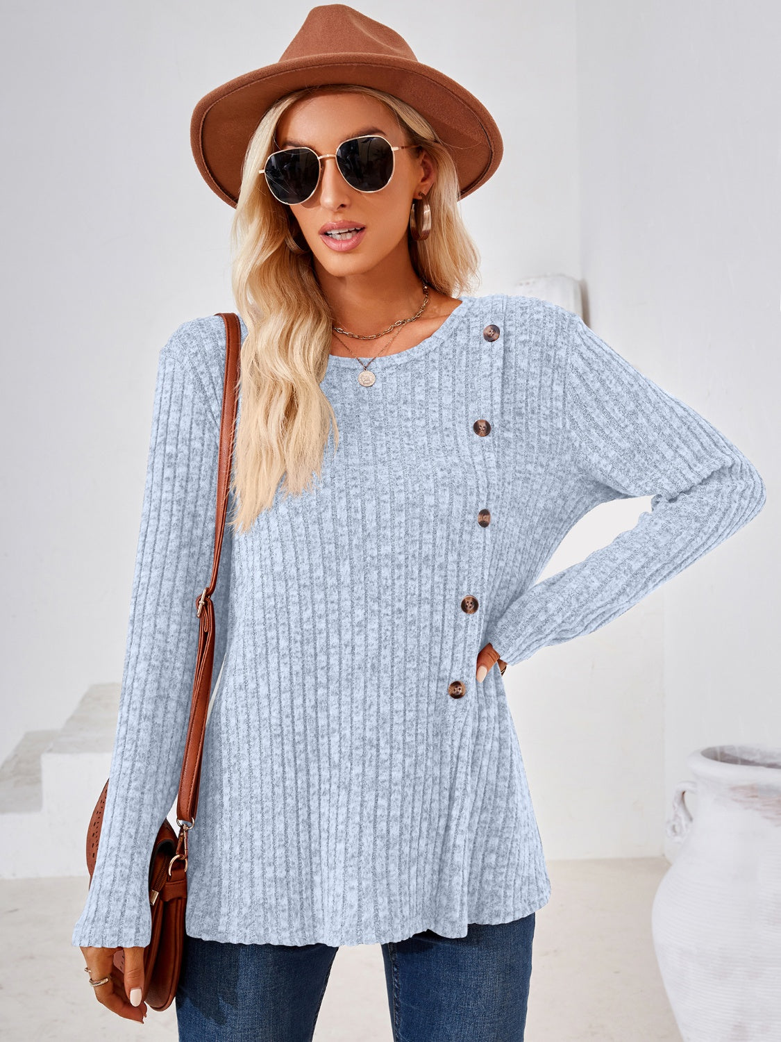 Ribbed Buttoned Round Neck Slit T-Shirt-Jewearrings