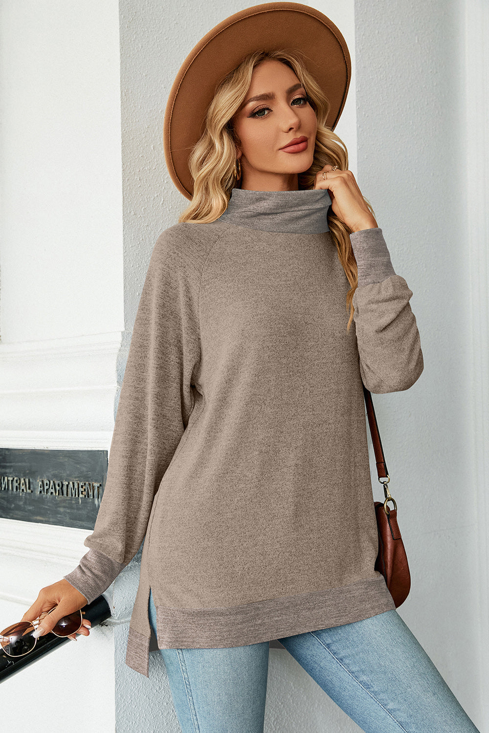 Slit Mock Neck Long Sleeve T-Shirt-Jewearrings