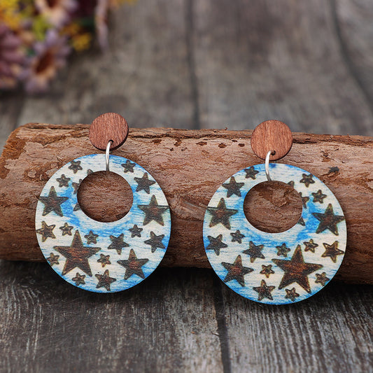 Cutout Star Print Wooden Dangle Earrings-Jewearrings