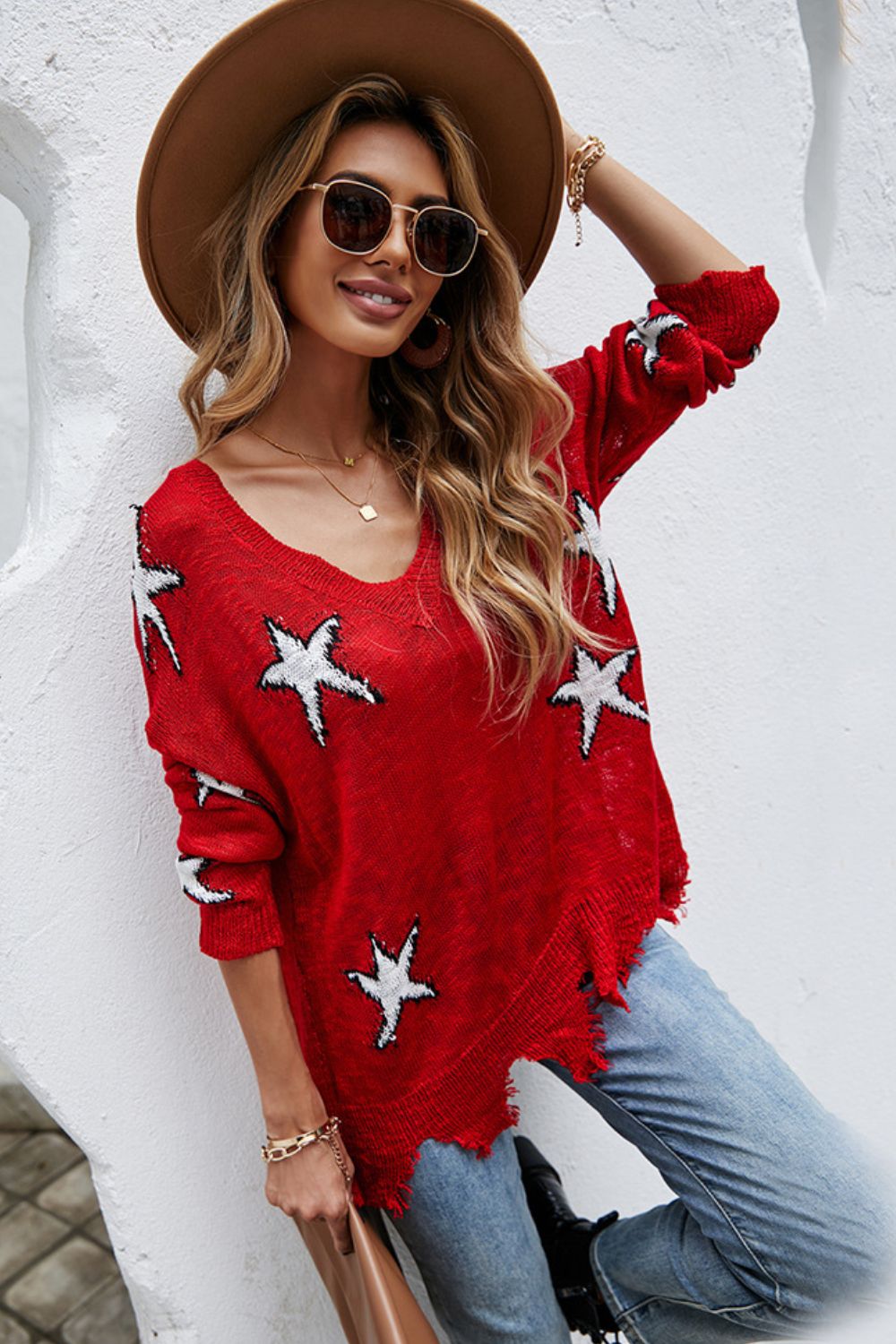 Star Pattern Distressed Sweater-Jewearrings