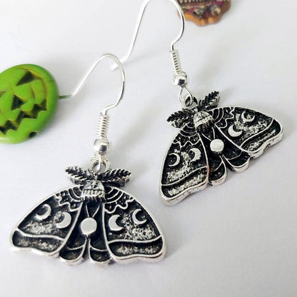 Women's Silver Sun Moon Moth Drop Earrings-Jewearrings