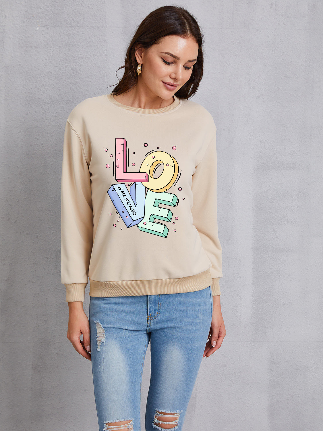 LOVE Round Neck Long Sleeve Sweatshirt-Jewearrings