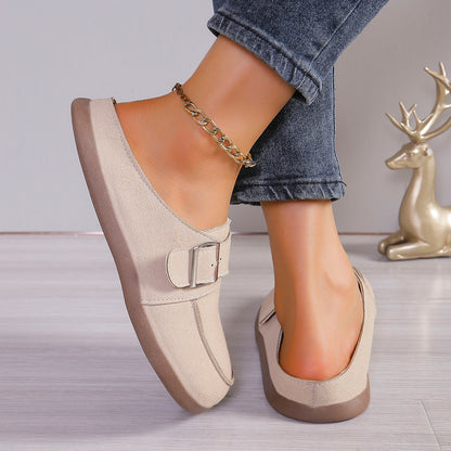 Suede Buckle Round Toe Loafers-Jewearrings