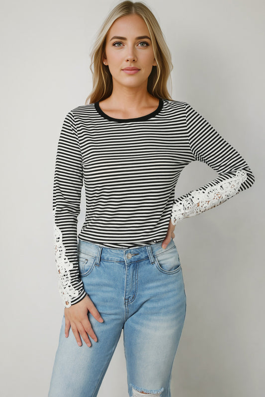 Striped Round Neck Long Sleeve Lace Trim T-Shirt-Jewearrings