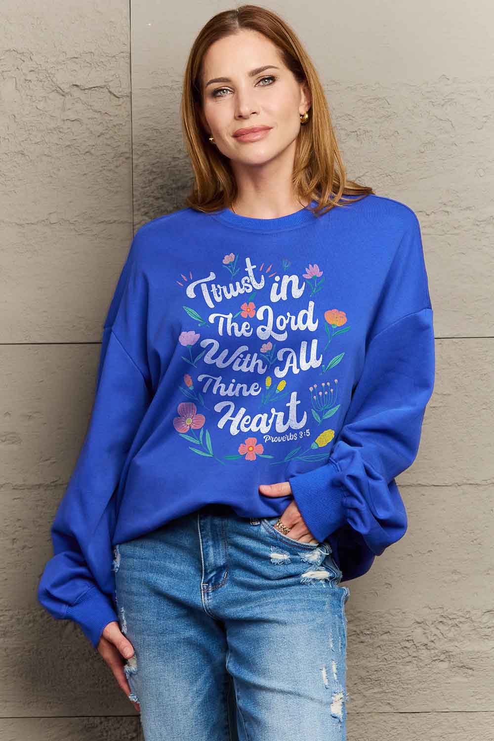 Simply Love Full Size Flower Slogan Graphic Sweatshirt-Jewearrings