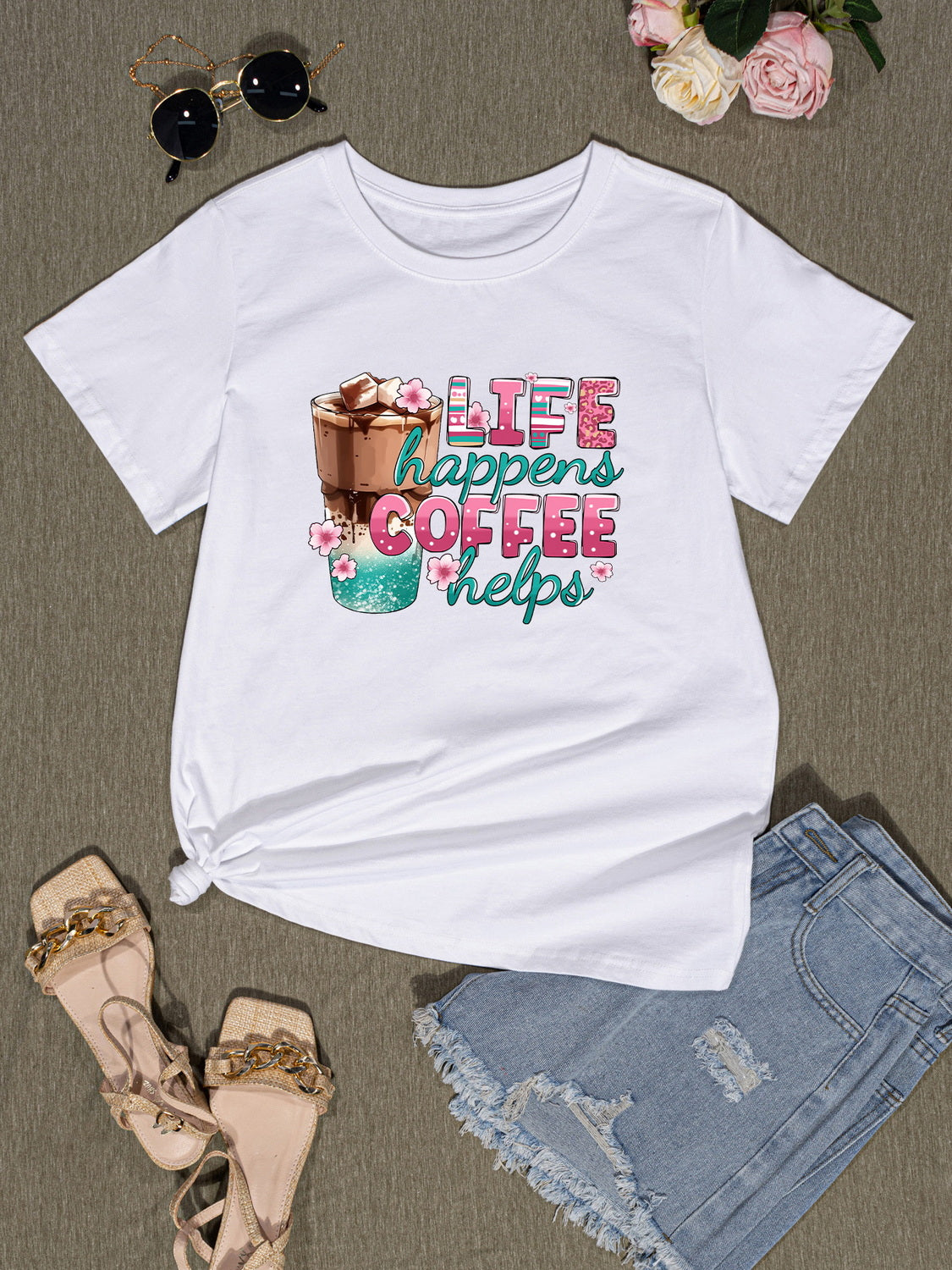 LIFE HAPPENS COFFEE HELPS Round Neck T-Shirt-Jewearrings