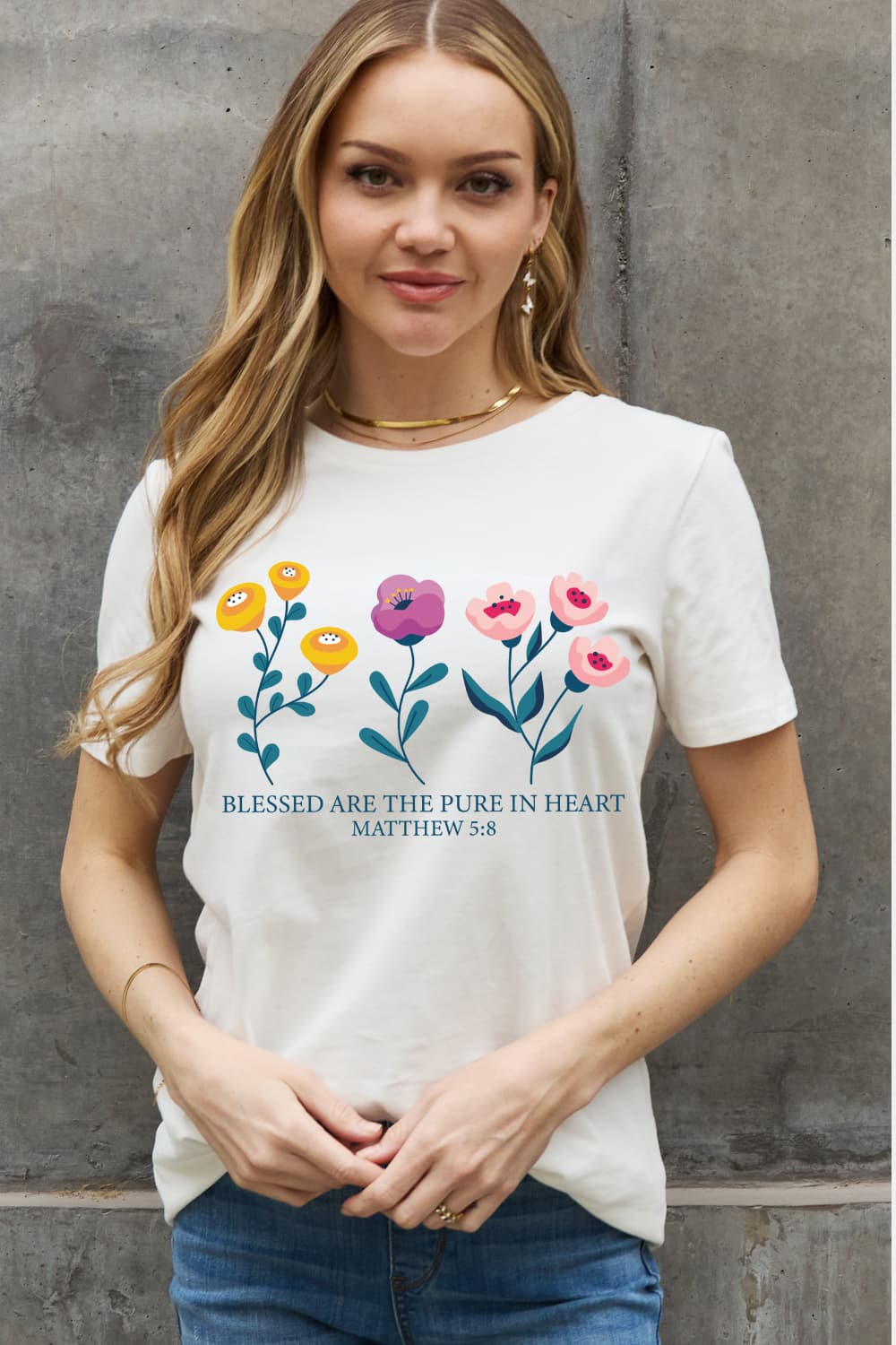 Simply Love Full Size BLESSED ARE THE PURE IN HEART Matthew 5:8 Graphic Cotton Tee-Jewearrings