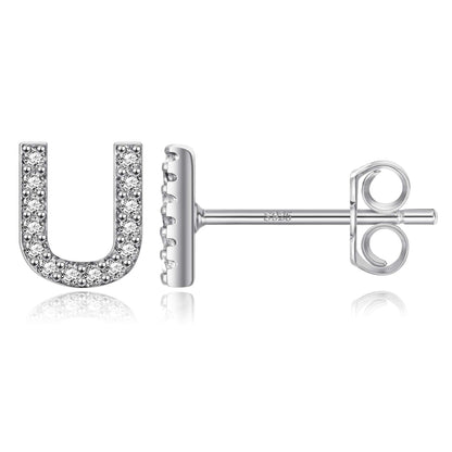 Simple Rhinestone Silver Needle English Alphabet Letter Earrings-Jewearrings