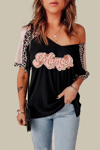 MAMA Graphic Leopard V-Neck Tee Shirt-Jewearrings