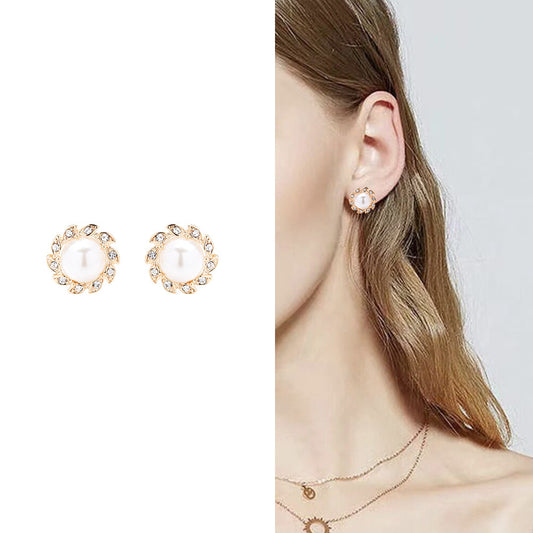 Simple Refined Rhinestone Artificial Pearl Earrings-Jewearrings