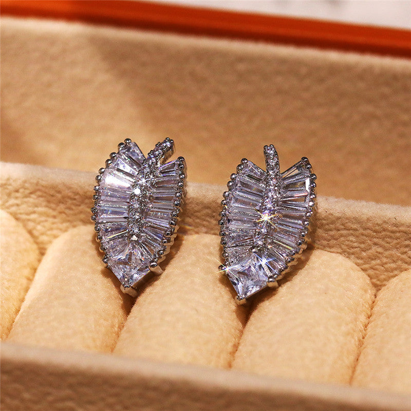 Delicate Leaf Shaped Brass And Zircon Stud Earrings For Women-Jewearrings