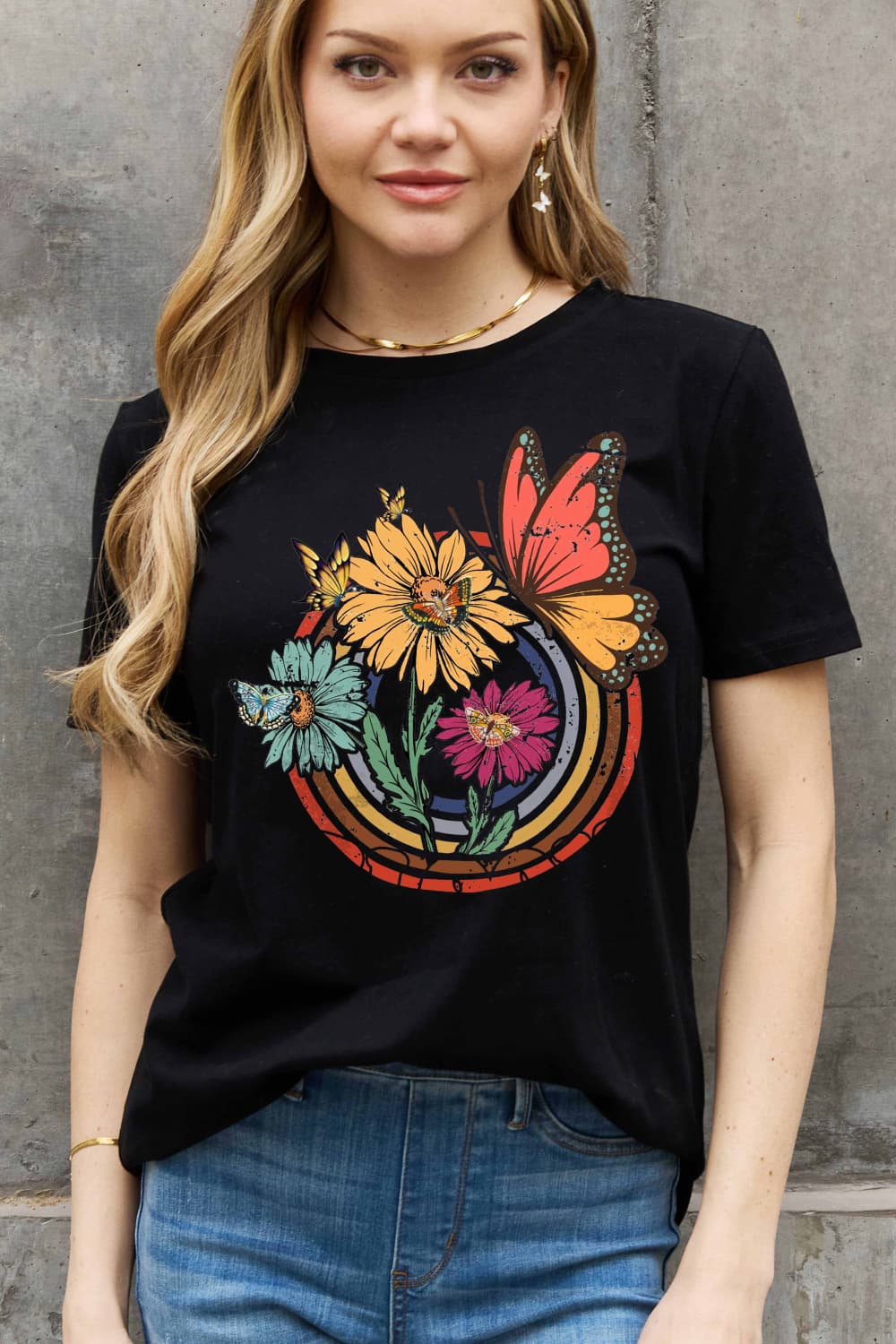 Simply Love Simply Love Full Size Flower & Butterfly Graphic Cotton Tee-Jewearrings