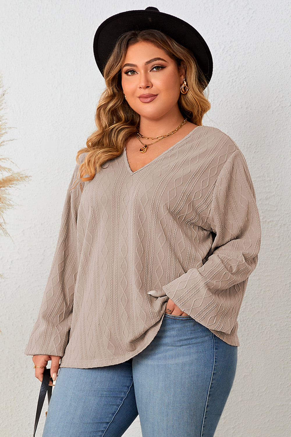 Plus Size Lace Detail V-Neck Long Sleeve Blouse-Jewearrings