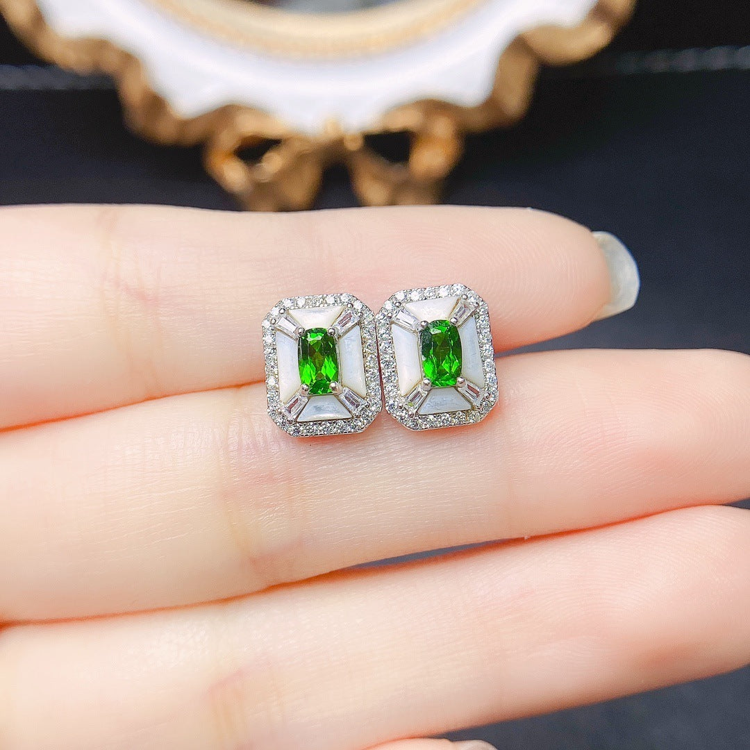 Natural Diopside Stud Earrings S925 Silver Inlaid Main Stone-Jewearrings