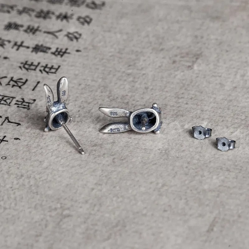 S925 Sterling Silver Retro Punk Rabbit Stud Earrings-Jewearrings