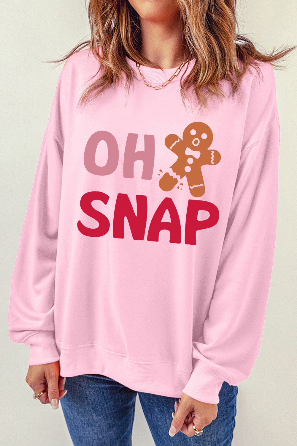 OH SNAP Round Neck Long Sleeve Sweatshirt-Jewearrings