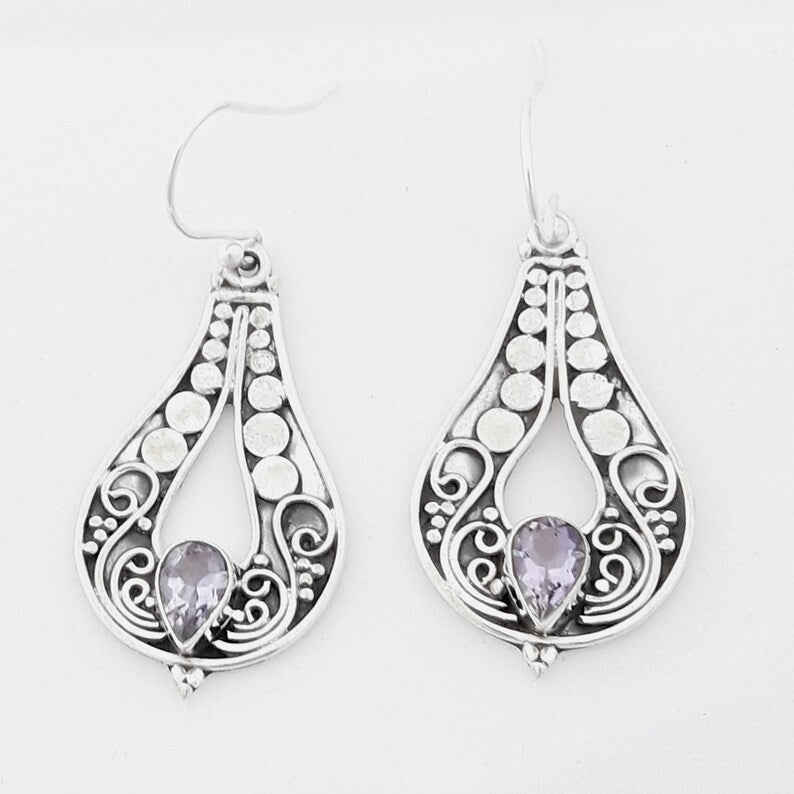 Women's Fashion Silver Carved Purple Gemstone Earrings-Jewearrings