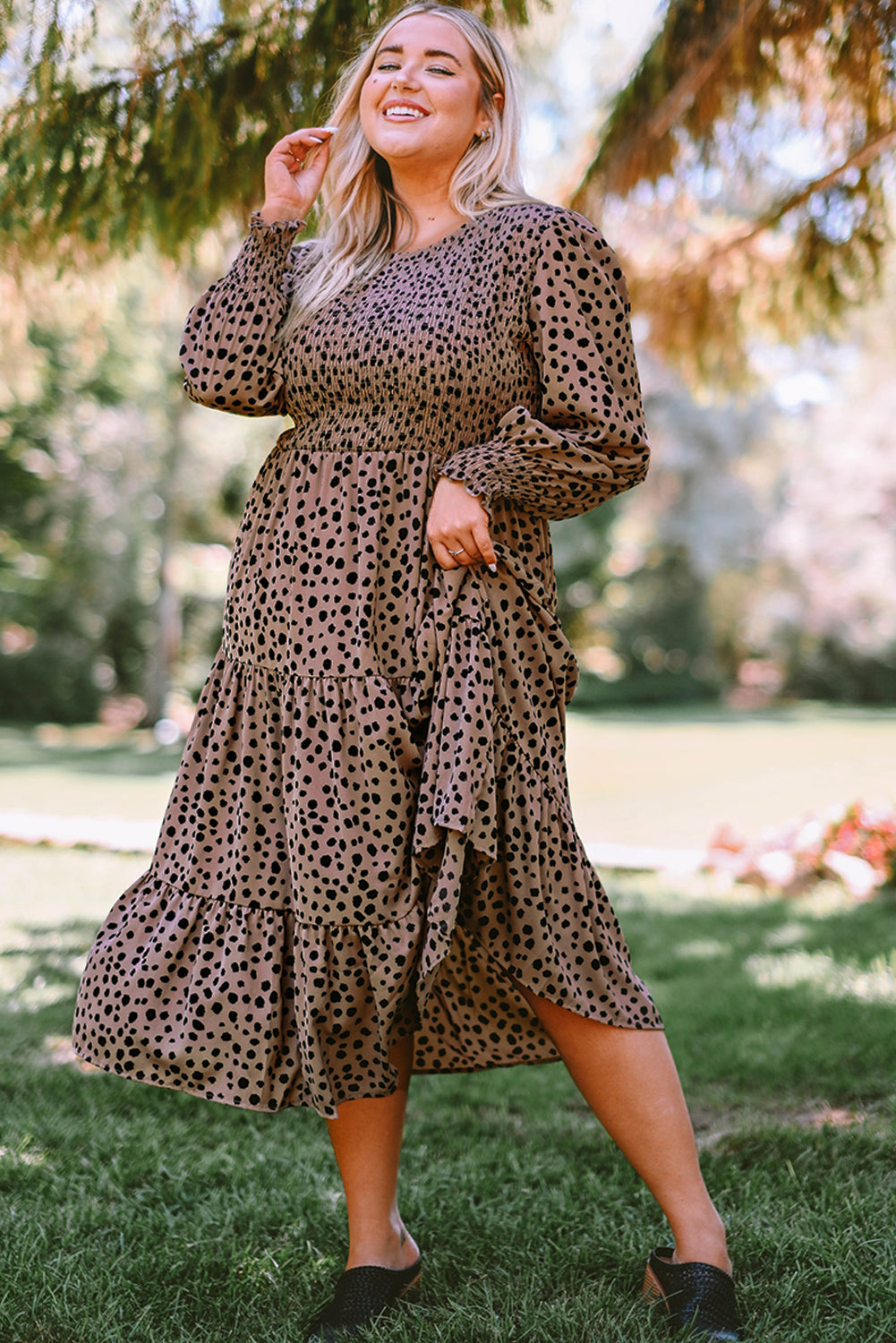 Plus Size Animal Print Smocked Tiered Dress-Jewearrings