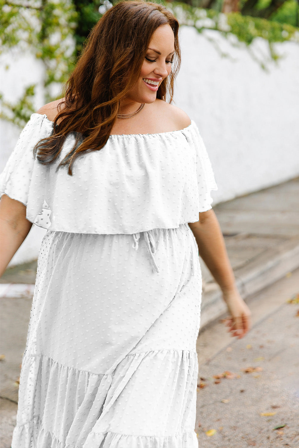 Plus Size Swiss Dot Off-Shoulder Tiered Dress-Jewearrings