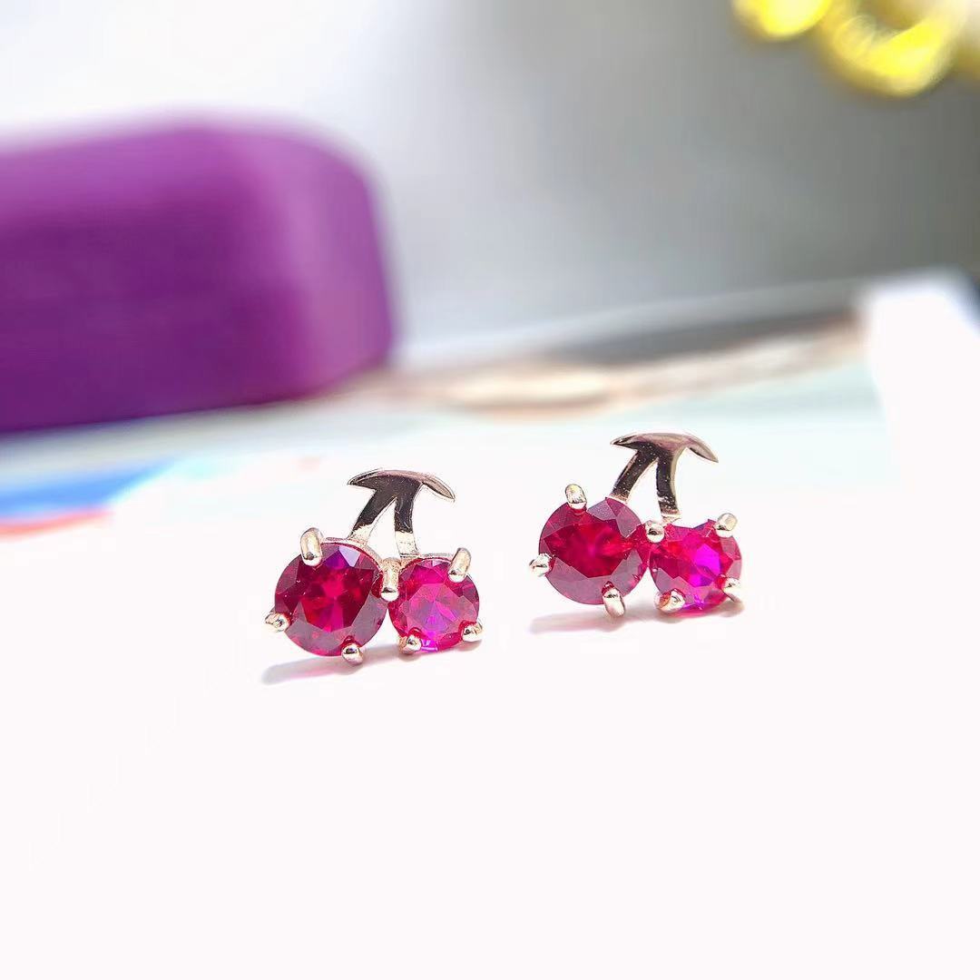 Red Corundum Small Cherry 925 Silver Stud Earrings-Jewearrings