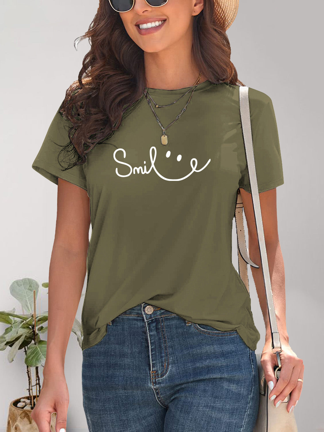 SMILE Round Neck Short Sleeve T-Shirt-Jewearrings